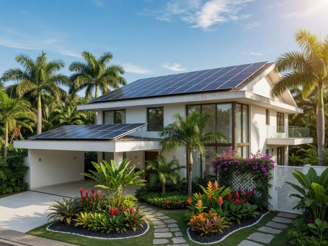 Casa moderna com telhado coberto de painéis solares e jardim tropical