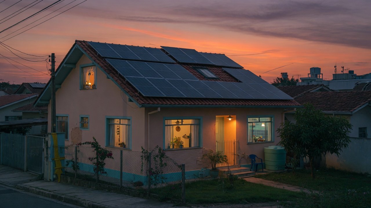 Casa com painéis solares no telhado ao entardecer, luzes internas acesas