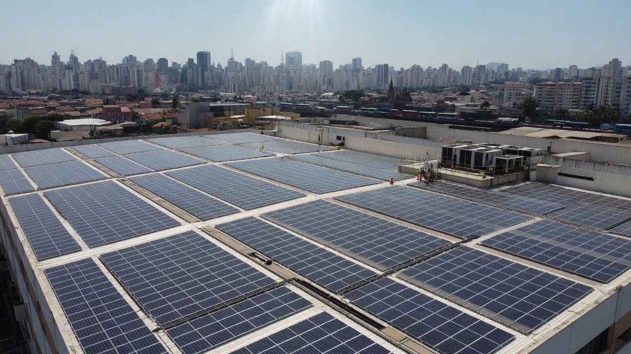 Vista aérea de usina solar em telhado comercial com a cidade de São Paulo ao fundo