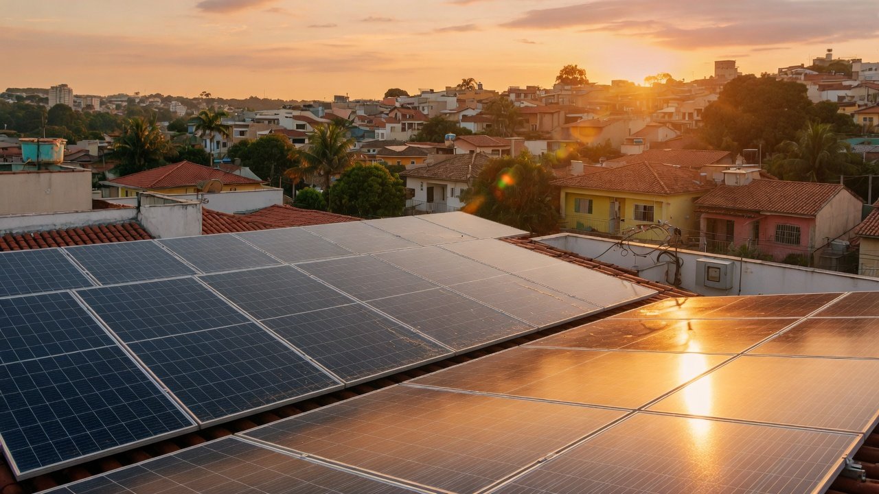 Painéis solares em telhado residencial ao pôr do sol em São Paulo