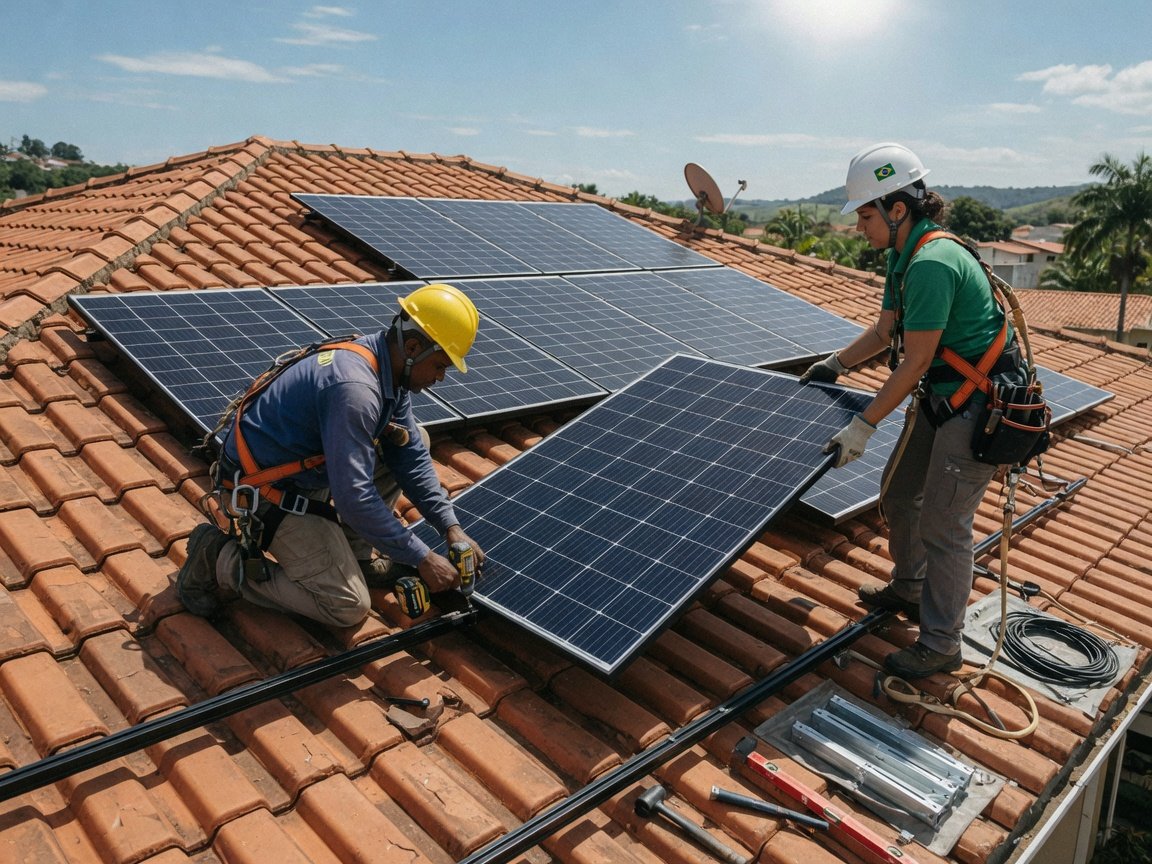 Técnicos instalando módulo fotovoltaico em telhado de telha cerâmica